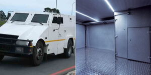 The outside and inside of an armored cash-in-transit transportation vehicle. 