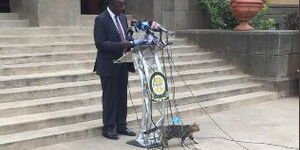 Chief Justice David Maraga during a press briefing as a cat passes by on June 8, 2020.