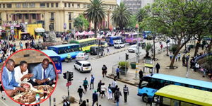 A view of Nairobi CBD and President William Ruto alongside Kikuyu MP Kimani Ichung'wah, Kiharu MP Ndindi Nyoro and Nominated MP Sabina Chege at a hotel in 2017 (in red circle)