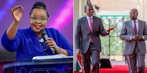 Bishop Margaret Wanjiru at her church on March 6, 2024 (left) and President William Ruto and his deputy, Rigathi Gachagua walking to a Cabinet meeting on  March 7, 2024.