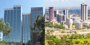 A photo collage of Anniversary Towers along University Way (left) and an aerial photo of skyscrapers in Nairobi CBD.