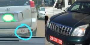 Photo collage of a car with CC letter engraved at the back and a prado with diplomatic plates in Kenya