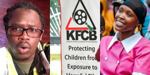 A side-to-side image of Makarios Ouma, KFCB stand up banner and actress Jacky Vike.