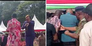 Collage photo of Maragua MP, Mary Wamaua and CS Aisha Jumwa on podium alongside an image of fighting supporters in Murang'a on April 15, 2024.