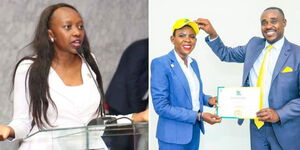 A side-by-side image of First Daughter, Charlene Ruto and UDA Secretary-General Cleophas Malala presenting a certificate to former KANU Women Congress Treasurer Brenda Majune on March 15, 2023.