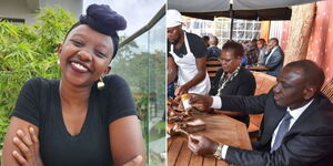 A photo collage of Charlene Ruto taken on May 1, 2023 (left) and President William Ruto having lunch with Water CS Alice Wahome on March 4, 2019 (right).
