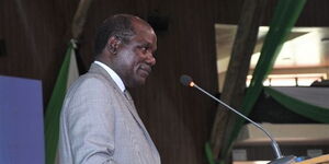 IEBC chairperson Wafula Chebukati addresses 2022 presidential aspirants at a pre-candidate registration meeting at the  Bomas of Kenya on Monday, May 23, 2022