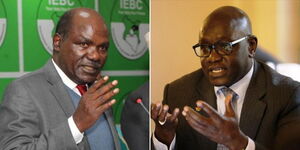 A photo collage of former IEBC chairperson Wafula Chebukati speaking at Bomas on July 5, 2022 (right) and Thirdway Alliance Party leader Ekuru Aukot (right)