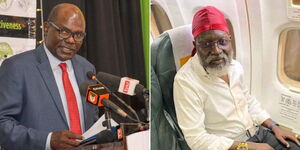 Collage image of former IEBC chairperson Wafula Chebukati addressing the media on January 16, at the Safari Park Hotel (left) and George Wajackoyah inside a plane on February 27, 2023.