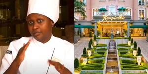 Chef Monica Muteti (left) and entrance to Villa Rosa Kempinski hotel in Westlands, Nairobi