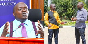 A photo collage of Nandi Senator Samson Cherargei at a Senate Committee meeting on November 3, 2023 (left) and President William Ruto and Transport CS Kipchumba Murkomen in Karen on July 2022.
