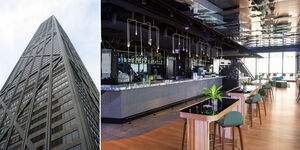 A photo collage of 360 Chicago building and the interior of Cloud Bar lounge in USA.