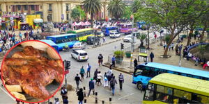 An aerial view of Nairobi CBD around Archives and a fried chicken on a plate (in a red circle).
