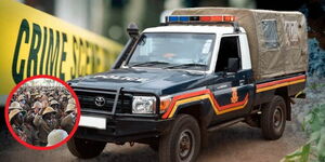 An image of police landcruiser in a crime scene, with an image of chiefs encircled