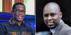 A photo collage of Former Communications Authority of Keya (CA) Director General Ezra Chiloba speaking at an event in May 2023 (left) and Communication Secretary at the State House David Mugonyi.