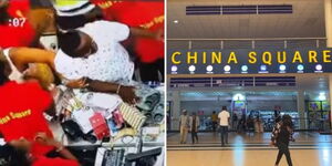 A screenshot of a fight that ensued at a store in China Square (left) and the entrance to the shopping hub located at UniCity, along Thika Road.