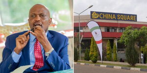 A photo collage of Trade CS Moses Kuria speaking at his office on April 13, 2023 (left) and the China Square Mall located along Thika Road (right)
