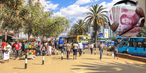 A photo collage of Kenyans walking in Nairobi CBD and a person holding Chinese Yuan.