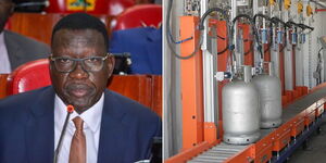 Energy Cabinet Secreatry Davis Chirchir appearing before the NA departmental Committee on Energy on September 25, 2023, and an LPG refilling system.