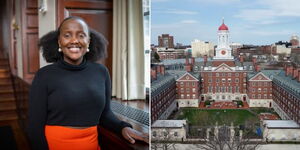 Photo collage of Chepchumba Choge, student at Harvard and the instution based in the US