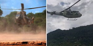 A collage of military choppers being flown