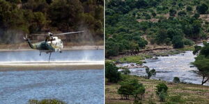 Photo collage of a chopper flying over a river and a section of Mara River
