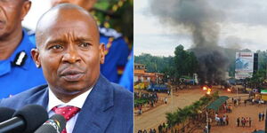 A photo collage of Interior CS Kithure Kindiki (left) and scenes from Chuka Town during demonstrations held on Saturday, April 8.