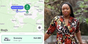 A photo collage of an online taxi service platform and media personality Ciku Muiruri posing for a photo in 2020.