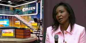A photo collage of Citizen TV studios in Nairobi County (left) and investigative journalist Purity Mwambia speaking at a forum organised by the US State Department on June 1 2023.
