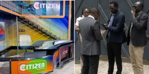 A photo collage of Citizen TV studios (left) and news anchor Hassan Mugambi interviewing the family on April 5, 2023.