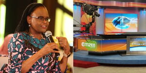 A photo collage of Chief Justice Martha Koome speaking in Nairobi on July 1, 2023 (left) and Citizen TV studios in Nairobi (right).