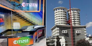 A photo of Citizen TV studios in Nairobi County (left) and the Nation Media Group (NMG) building along Kimathi Street in Nairobi CBD (right). 