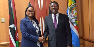 CJ Martha Koome (left) and National Assembly Speaker Moses Wetangula at Parliament Buildings.