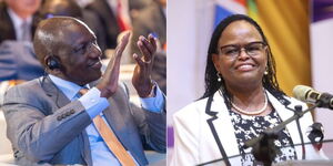 A collage of President William Ruto at an Investors' roundtable in Beijing, China and CJ Martha Koome delivering the keynote address at a GBV conference in Nairobi in October 2023