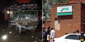 Classic Kings of Congo bus at the accident scene (left) and the NTSA offices.