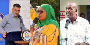 Coastal region governors, from left, Mombasa Governor Abdulswamad Nassir, Kwale Governor Fatuma Achani and Kilifi Governor Gideon Mung'aro
