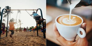A photo collage of children playing in a park (left) and someone pouring coffee in a cup.