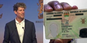 Designer Colin Howell speaking in Nairobi on May 24, 2023 (Left) and a person holding his national identity card (Right)