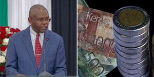 A photo collage of Central Bank of Kenya governor Kamau Thugge and shilling notes and coins