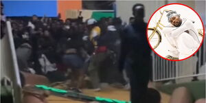 A collage of a screengrab of the fatal stampede, with Asake inset.