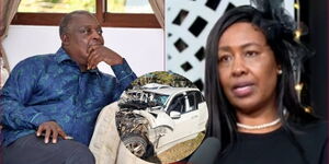 VA collage image of Cyrus Jirongo and his wife, Anne Jirongo, and an insert of the wreckage of his car after accident that claimed his life