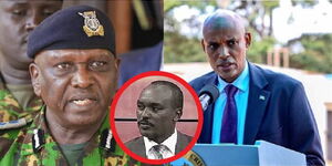 A collage of Inspector General Douglas Kanja, and DCI Boss Mohammed Amin, With Security Analyst Mwenda Mbijiwe encircled