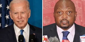 A photo collage of US President Joe Biden and  Kenyan Trade CS Moses Kuria
