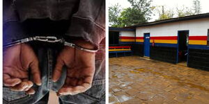 A photo collage of a handcuffed  man and a police station in Kenya