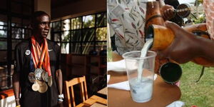 A photo collage of marathon world record holder Eliud Kipchoge posing with some of his medals on April 4, 2023, (left) and a person pouring Mursik into a glass (right). 