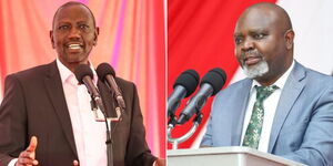 Collage photo of President William Ruto speaking during a meeting in Meru County on April 22, 2023 (left) and Meru Senator Kithuri Murungi (right). 