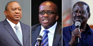 A photo collage of  Former President Uhuru Kenyatta (left) Polycarp Igathe (centre) and ODM leader Raila Odinga