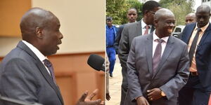 A photo collage of Deputy President Rigathi Gachagua addressing government officials (left) and him arriving at the Kenya School of Law in Nairobi on April 27, 2023. 