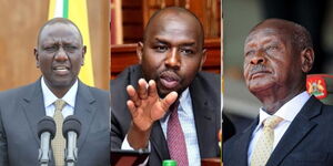 A collage of President William Ruto, CS Kipchumba Murkomen and President Yoweri Museveni. 