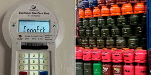 A photo collage of Kenya Power tokens device (left) and stacked gas cylinders in Nairobi.